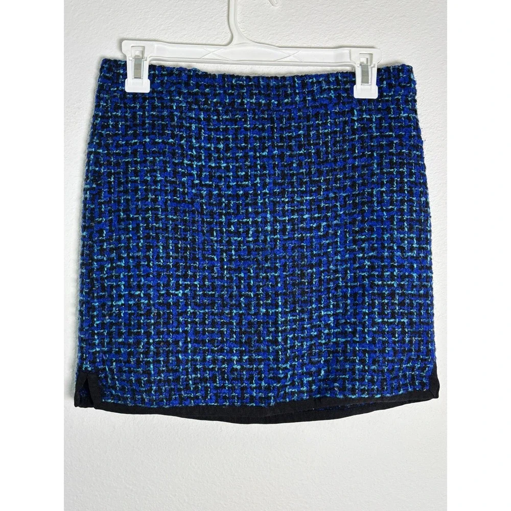 J.Crew Blue Black Tweed Mini Skirt Size 0 Textured Wool Blend Career Classic